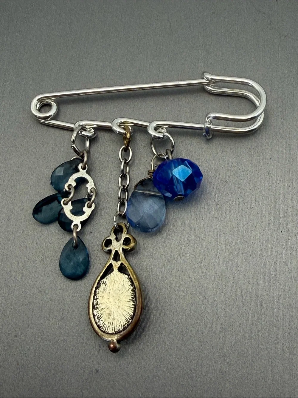 Blue Moonglow Color Oval Dangle Silver Tone Charm Safety Pin Brooch